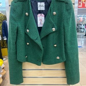Zara Emerald Green Textured Knit Blazer with Gold Buttons